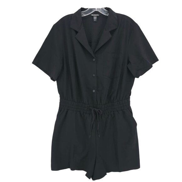 ATHLETA Black Avenue Romper Short Sleeve Collared Stretch Size MEDIUM - Picture 1 of 7